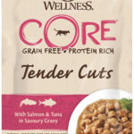 Миниатюра для Влажный корм Wellness Core Tender Cuts для кошек с лососем и тунцом в виде нарезки в соусе, пауч 85 гр